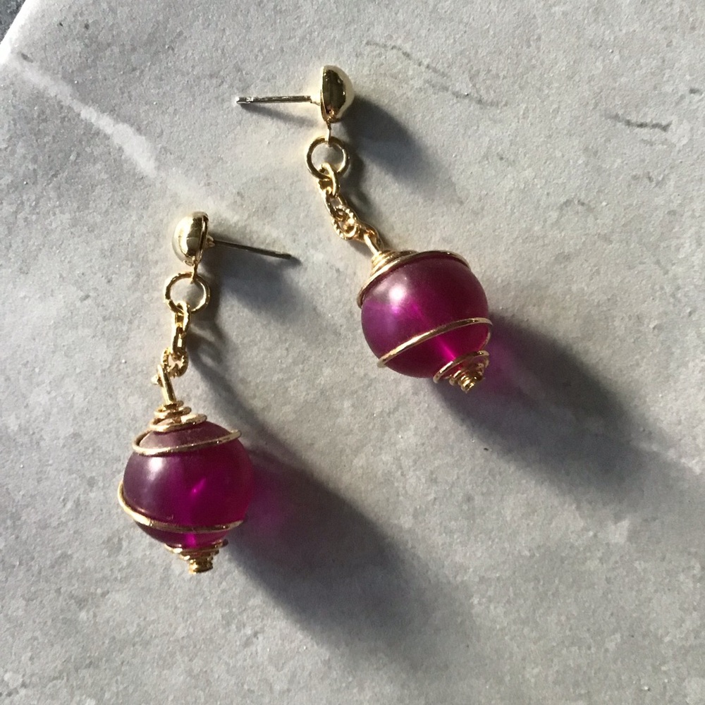 Gold and Deep Rose Glass Drop Earrings